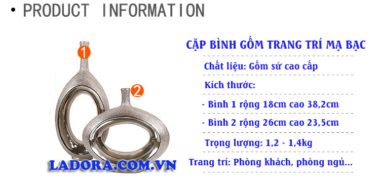 thông tin kích thước của của cặp bình gốm mạ bạc cao cấp tại ladora