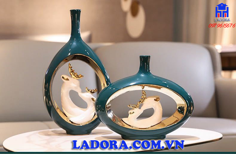 cặp lọ hoa trang trí gia đình hươu hạnh phúc tại ladora shop
