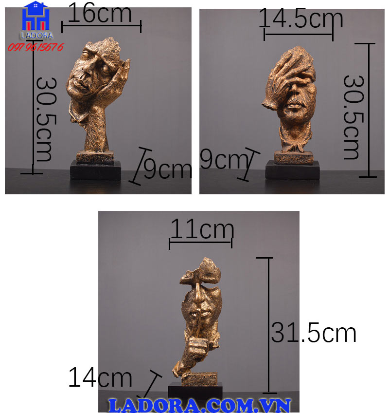 kích thước bộ tượng không nghe không nhìn không nói tại ladora