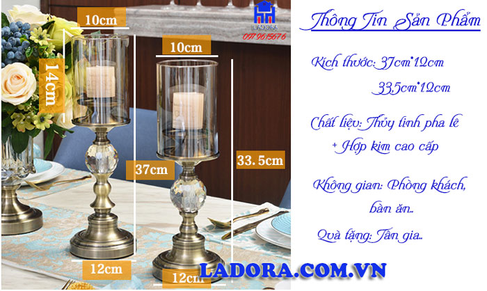kích thước bộ chân nến pha lê thủy tinh tại ladora shop