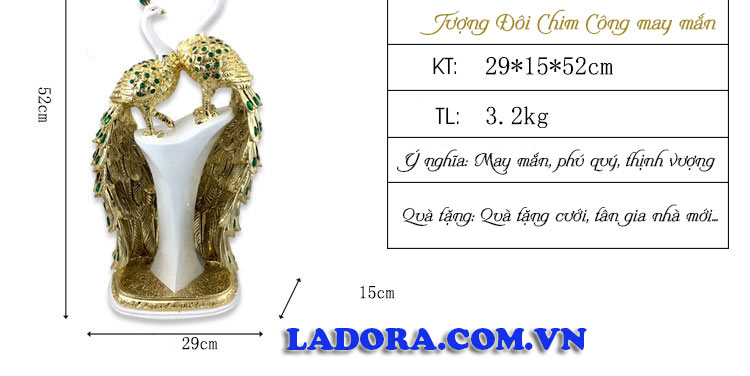 kích thước chất liệu decor đôi chim công tại ladora