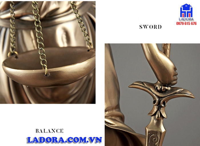 kích thước, chất liệu và màu sắc của tượng nữ thần công lý tại ladora shop