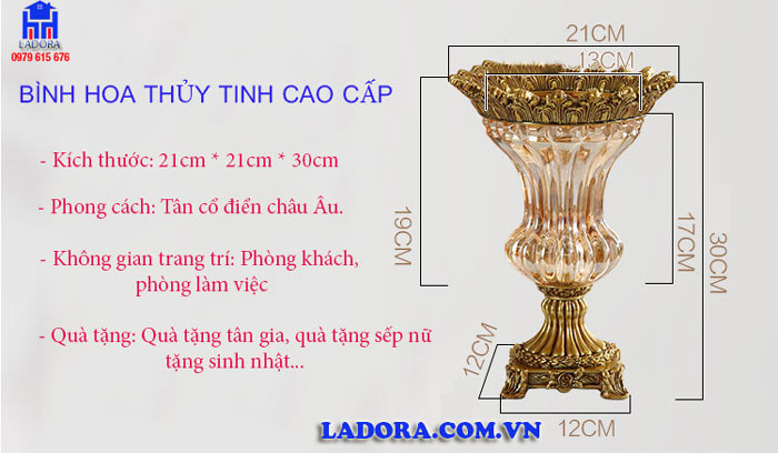 kích thước lọ hoa thủy tinh cao cấp tại ladora shop