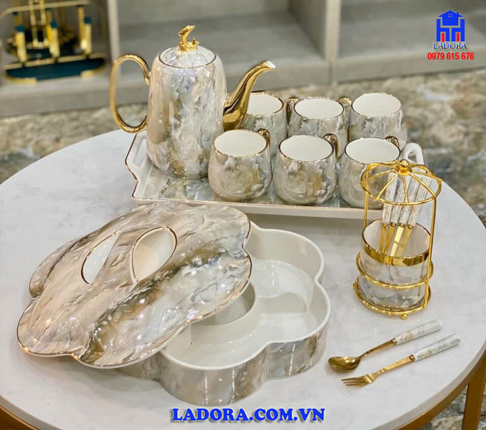 bộ đồ trang trí khay mứt, ấm chén, hộp giấy vân đá