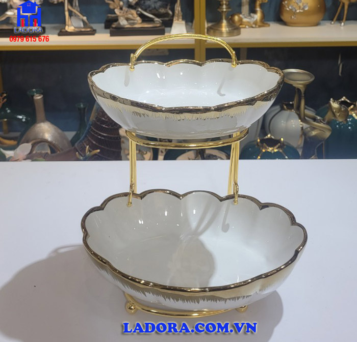 đĩa đựng trái cây gốm sứ có 2 tầng