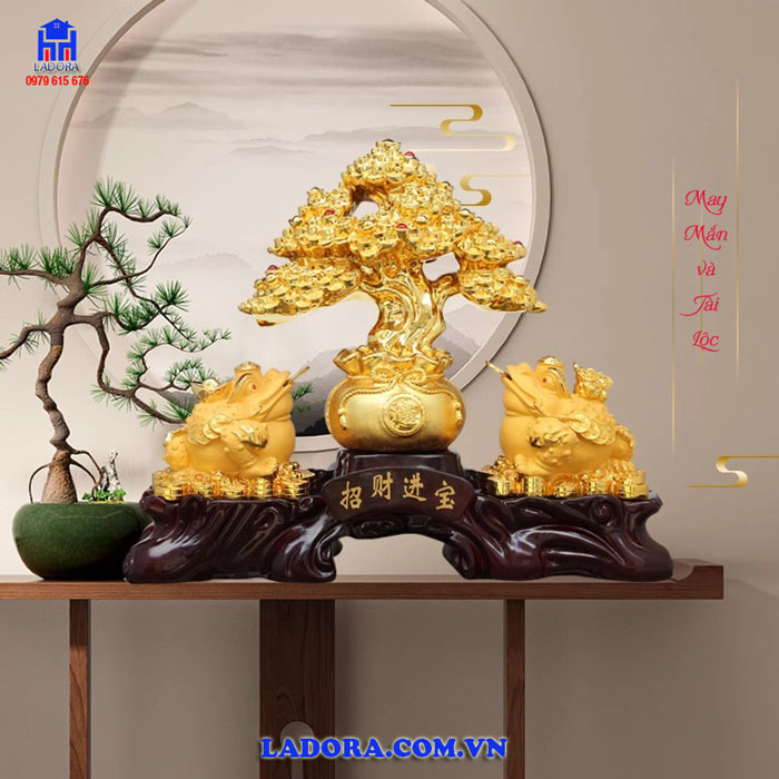 decor trang trí phòng khách với vật phẩm phong thủy cây tiền vàng