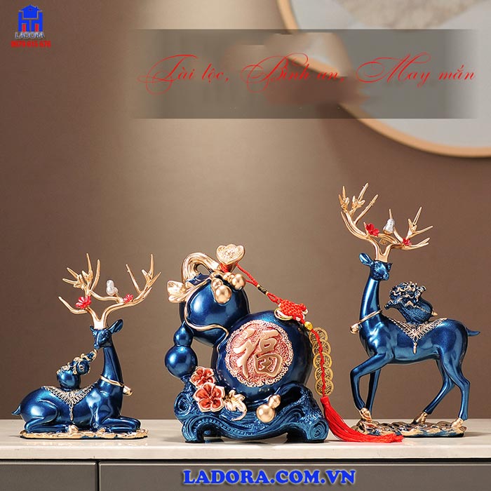 Tượng trang trí hươu và hồ lô tài lộc